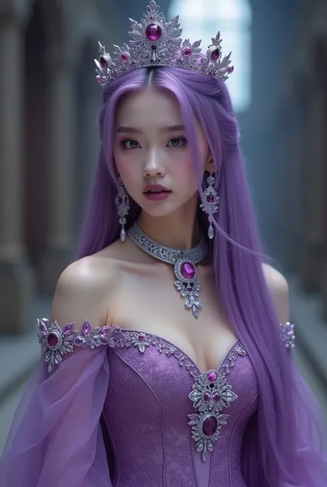 A beautiful Korean princess with long, neat purple hair. She is twenty years old with a Korean face. She wears a luxurious royal gown in purple, purple eyeshadow, dusty purple lipstick, and has purple eyes. Her appearance is quiet, indifferent, stern witho...