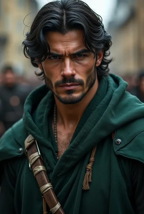  best quality ,  masterpiece ,  ultra high resolution , 21 year old man, realistic ,  medium black hair , no beard,  dark green medieval robe ,  white bands wrapped around his forearms, robust, Serious,  leaving a medieval city , Medieval Hunter , close-up...