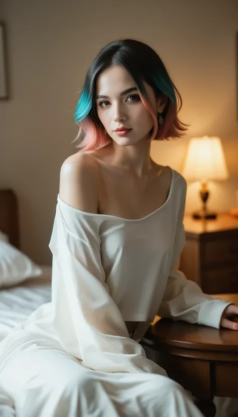 ( top quality ,  table top in bed:1.2,  super high res,  realistic :1.5),  RAW photo,  One Girl ,  very small breasts、 off shoulder,  in the dark ,  deep shadow , Low lighting,  cool tone ,   seductive gaze  ,  short hair, foggy atmosphere, Inexplicable At...