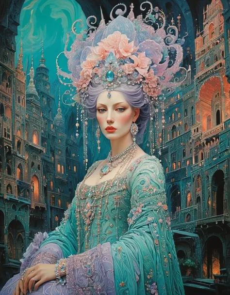 Kay Nielsen, Basil Gogos, Alberto Savinio, James Gurney, Surrealism, ((best quality)), ((masterpiece)), (detailed), a A majestic figure sits - swirling lavender, turquoise, and peach hues - in a reverie-like atmosphere. The ornate walls with rich fabrics c...