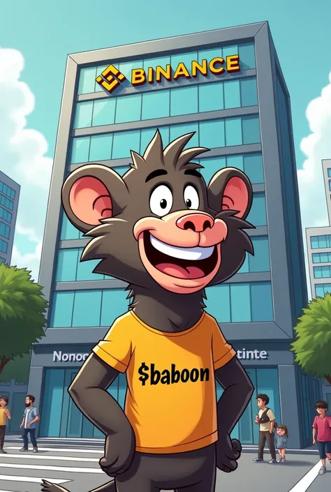 A image cartoon 2 Dimensions Baboon use shirt with word $BABOON on front building Binance office