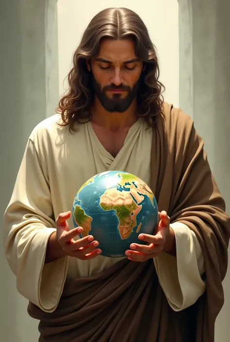 Jesus In his hands , Hold an earthen ball 