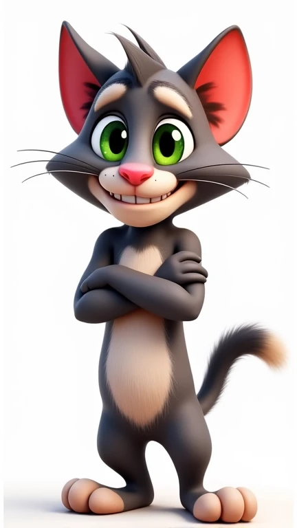 Create a vibrant and engaging illustration featuring Talking Tom, the popular animated cat. He stands confidently with his arms crossed, showcasing a playful yet slightly smug expression. The background should be a simple, clean white, allowing Toms charac...