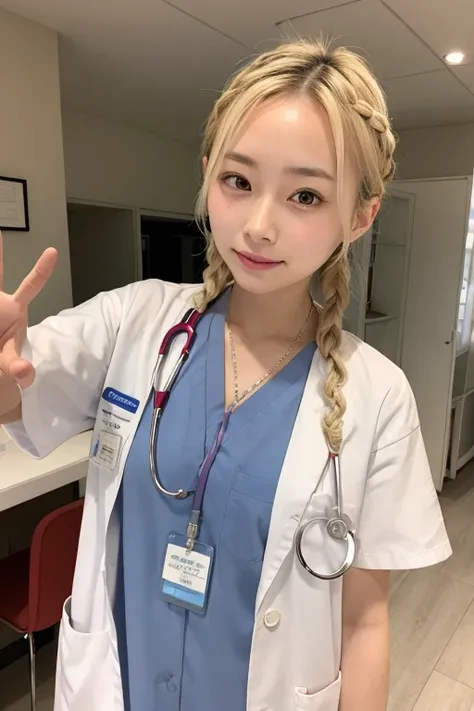 Blonde braided hair、nurse、白のnurse服、Red Cross Mark、Stethoscope