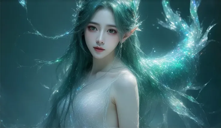  high definition , masterpiece, 最 High Quality ,  High Quality ,  textured skin,  Ultra Fine,  high detail, Deep teal hair with a slight iridescent shine, long and flowing like seaweed, emerald green eyes with a jewel-like sparkle, translucent pale blue sk...