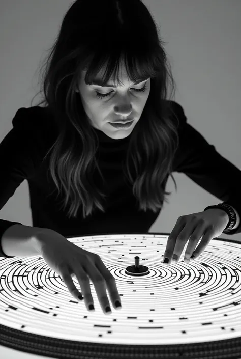 Indira Paganotto playing on a drawing-style turntable