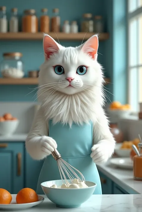  Create a realistic full body image of a white humanoid cat baker with long supermodel ginger,hair, wearing  wearing a simple light blue apron 
In a light blue luxurious bakery 
Mixing whisking cream in a bowl
.with blue eyes, female sex 