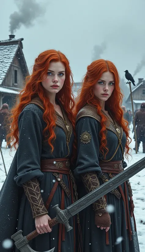  An ultra- Realistic depiction of two red-haired Viking twins in the center of a snow-covered Viking village.  Both have long, wavy red hair , vibrant blue eyes ,  and expressions of determination and strength .  Freydis is holding an axe decorated with gl...