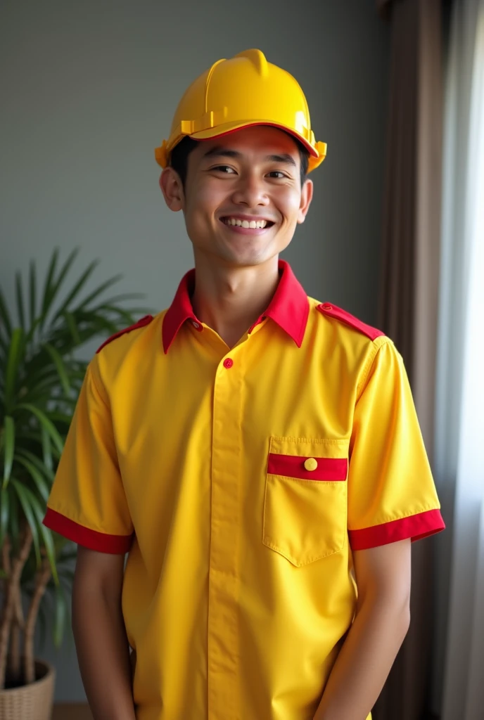 "Make an image of a male Indonesian service cleaning officer wearing a yellow and red uniform aged 15-17,  in the living room at home or office . Uniform clothes look neat , professional, .  Add the officer holding work tools and the living room atmosphere...