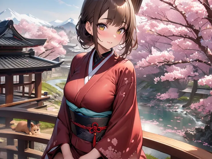  Ukisei, Overlooking,  high definition , masterpiece,  High Definition Model, brown kitten，Japanese style，cherry blossoms