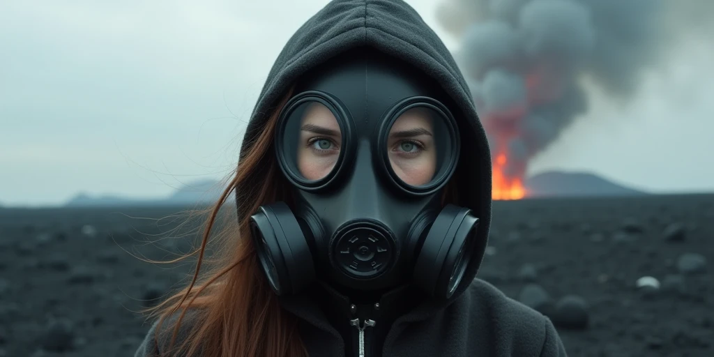 A hyper-realistic image of a woman wearing a black gas mask with large, round filters, standing on a volcanic island. The ground is covered in ash and smoke rises from a distant volcano. Her hair is flowing, and her eyes are visible through the mask, appea...