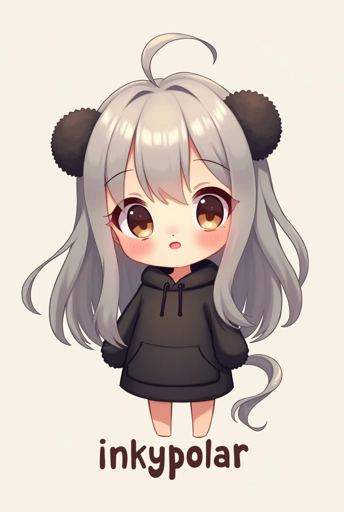  creates a mascot character image depicting a girl with long gray-white hair, brown big round eyes wearing a cute black teddy dress and a name. "InkyPolar "  in figure 