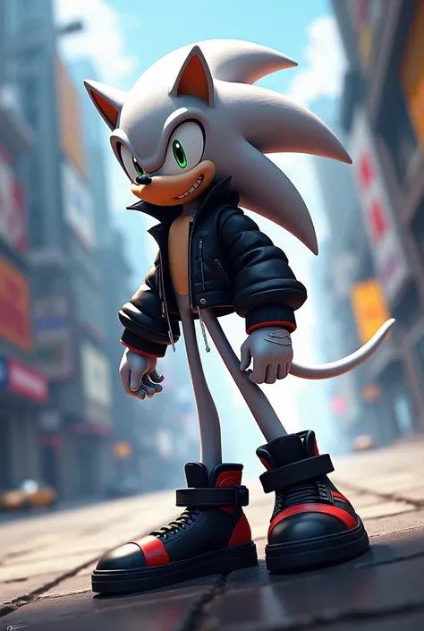 Sonic the hedgehog anime with long arms and legs with silver fur and black eyes with black jacket black shoes and white gloves 