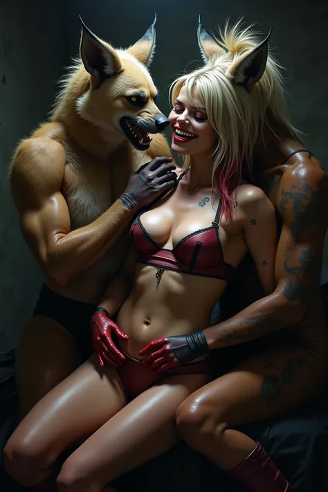 two furry female werehyenas, caring for Harley Quinn being transformed into a hyena while masturbating, wearing very tight costume, wet skin, tattooed, large breasts, hyena ears, hyena tail, hyena fur, hyena teeth, 