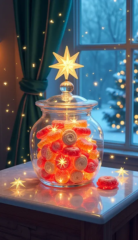 Stunning cubism image of a crystal jar filled with festive transparent jewel-like cubism Christmas candies, beautiful glowing star on top of the jar, prompt by McKay, cubism table, open window with snow, cubism Christmas tree, backlit, art by Marc Chagall,...