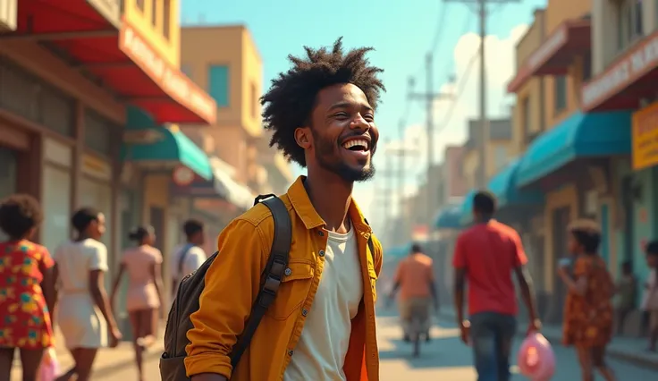 A real picture of young black man from Africa, the man is passing through the street happily, after hearing interesting news about job opportunity  