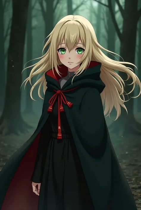 Create a 14-year-old white ,  green-eyed blonde with an Akatsuki robe with features from the Naruto fan art anime