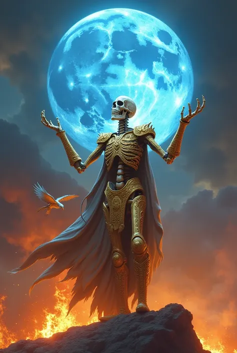 Make a skeletat in gold armor that throws a big blue moon and a cover behind the plane on the fiery phoenix 