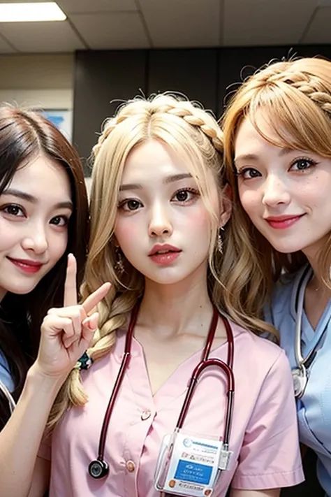 Blonde braided hair、nurse、nurse、 pink pattern 、Red Cross、Stethoscope、 peace sign