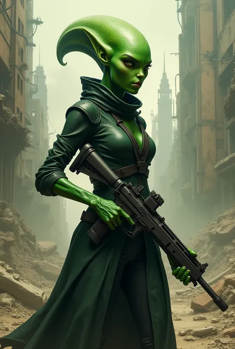 A green alien with a gun in her I see her looking into the background a devastated futuristic world 