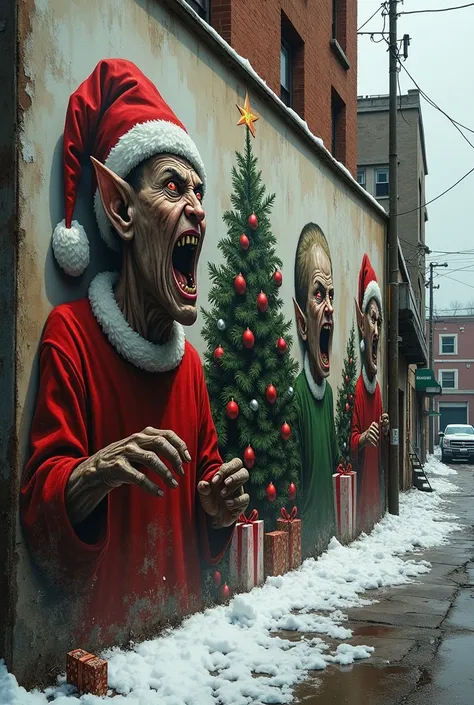  a wall with a neighborhood around a dangerous neighborhood  ,  on the wall a mural with Christmas themes is graffiti , with bad Christmas people like elves 