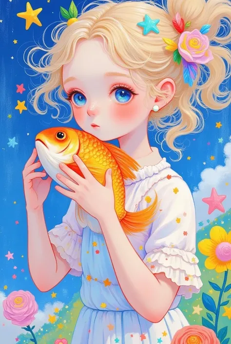 A painting of a girl holding a goldfish and a magic wand,  cute detailed digital art , 可爱的数字艺术,  cute digital painting ,  a beautiful art illustration , author：Jeremiah Ketner, Beautiful digital illustrations, Beautiful digital illustrations, Fantastic ill...