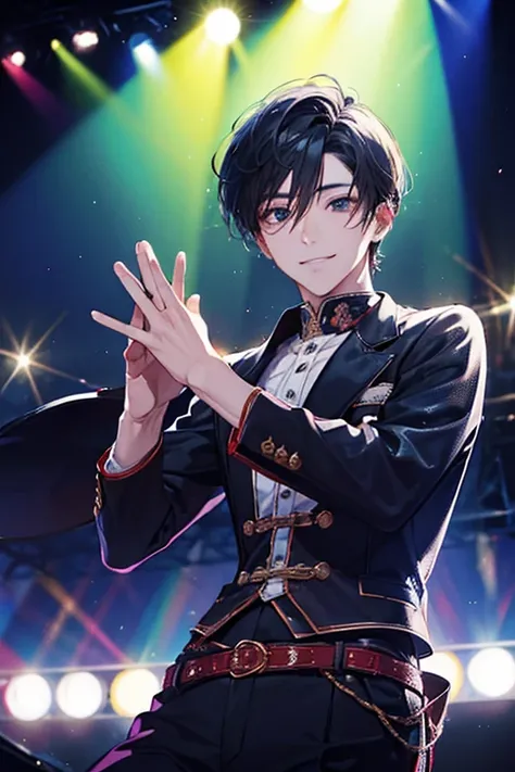 1 man, ((Idol)), ((On stage)),  good-looking, ((30 years old)), adult, cool, warm, soft eyes, Smiling, Close up shot , Greeting ,  hands with in-ears, ( thick body ),