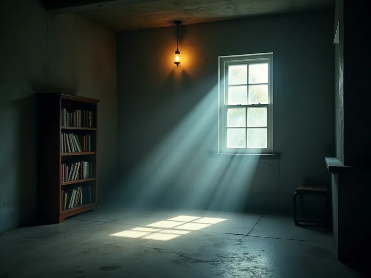 A drimly dark and smoky room with a cement floor and walls, a bookshelf standing against one of the walls. Above, a warm light is hanging from the ceiling, casting a soft glow across the room. A window next to the bookshelf allows natural nightmare light t...