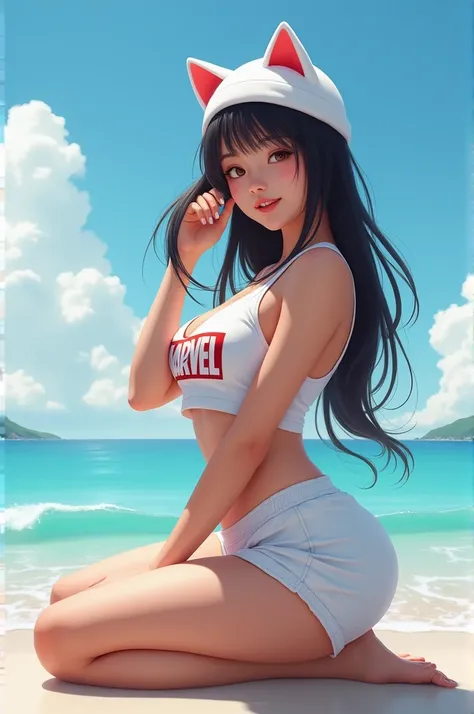 

Prompt :
Full body-view, wide angle, side view, beautiful taiwanese girl, proud figure, majestic veloptous with G-cup sized. She is wearing a white cat ears bandana, marvel tanktop and white short sport pants, she is sitting on the shore. she is smile an...