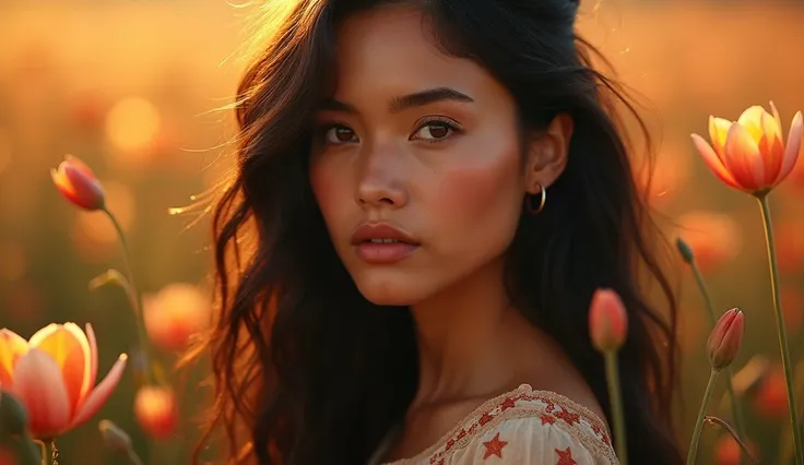 A close-up portrait of a woman with sun-kissed skin, dark wavy hair, and warm brown eyes, standing amidst glowing flowers. She wears a flowing, earth-toned dress with subtle star patterns. Her expression is calm and determined, with soft magical light from...