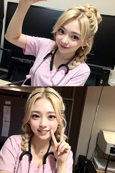 Blonde braided hair、nurse、nurse、 pink pattern 、Red Cross、Stethoscope、 peace sign