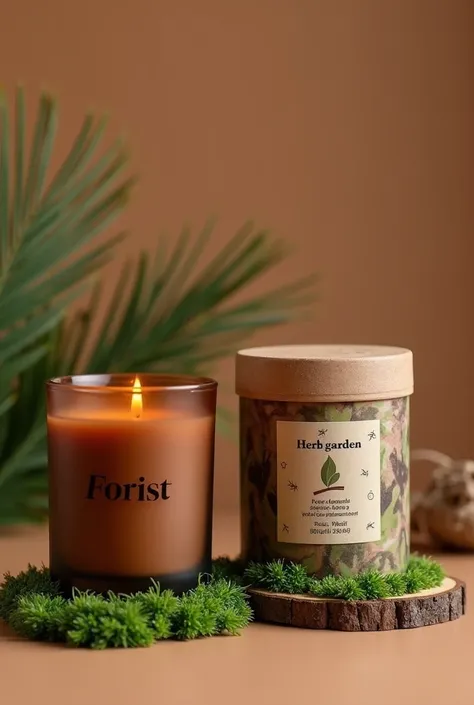 Create images of scented candles, wooden brown glass candles, coffee-colored background, decorated with tree bark and green grass. The cup displays the words "Forist" and the packaging is designed with large letters "Forist, and small letters "Herb garden"...