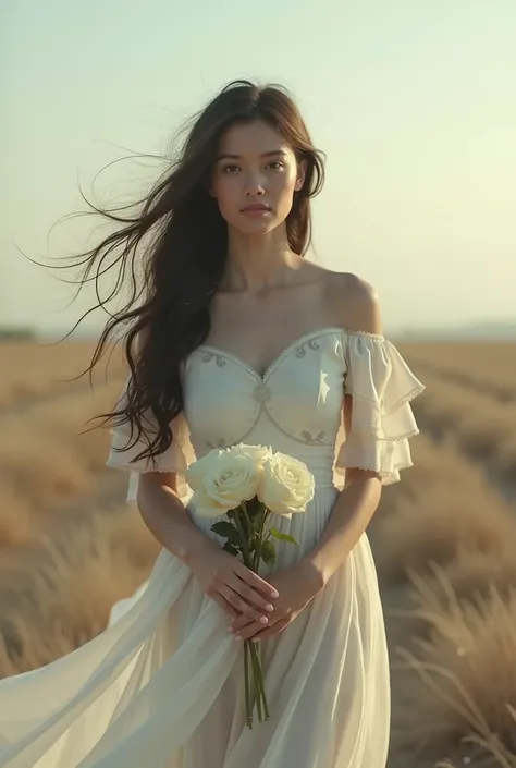 A beautiful young woman is standing far away. She has long dark brown hair and is wear a beautiful dress. She is holding white roses in her hands. She us standing very very far away. She is standing far away in a black dress.