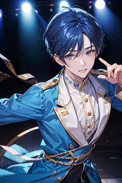 1 man, ((Idol)), ((On stage)),  good-looking, ((30 years old)), adult, warm, soft eyes, Smiling, Blue hair, Close up shot , Greeting , Greeting hands, ( thick body ),