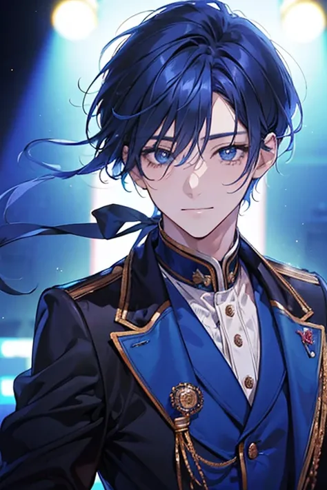 1 man, ((Idol)), ((On stage)),  good-looking, ((30 years old)), adult, warm, soft eyes, Smiling, Blue hair, Close up shot , Greeting , Greeting hands, ( thick body ),