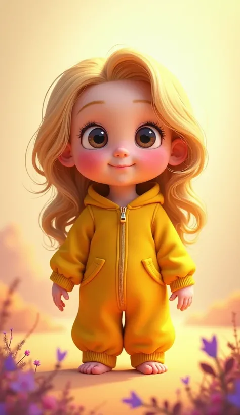 Disney Pixar style character Rapunzel baby with yellow jumpsuit 