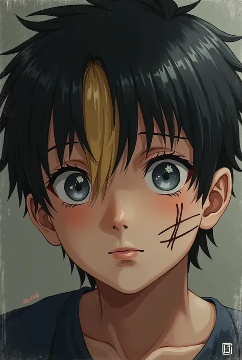  Make an image of what Kawaki and Borutos son would be like.

Description:  black hair with a lock in the front being blonde . A scratch on both cheeks and gray eyes 