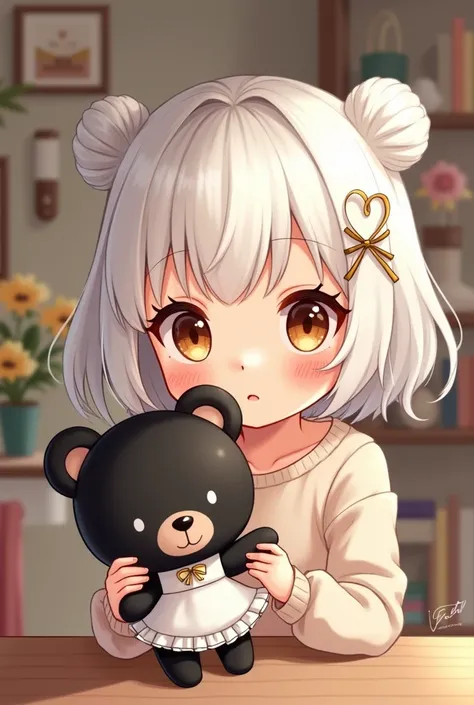 Create a mascot collector body image depicting a white-haired girl with big brown round eyes wearing a black teddy bear with a cute dress and a name. "InkyPolar "  in figure 