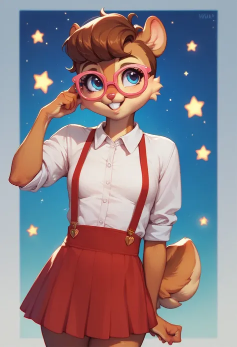 Nerdy, Anthropomorphic, cute, chipmunk woman, short chic brown hair, blue eyes, hourglass, small breasts, pink glasses, geeky white shirt, high waisted plaid red skirt, suspenders, shy smile, stars background