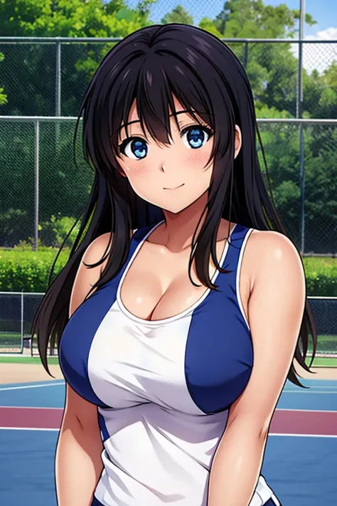 anime,  upper body,  cute,  Chest shape is clear ,  super high definition , 8k,  black hair, Kaori Kitamura,  high school girl,  cleavage, Underboob, Sideboob, outcrop,  beautiful blue eyes, smile,  tank top,  tennis court in white,  between, 