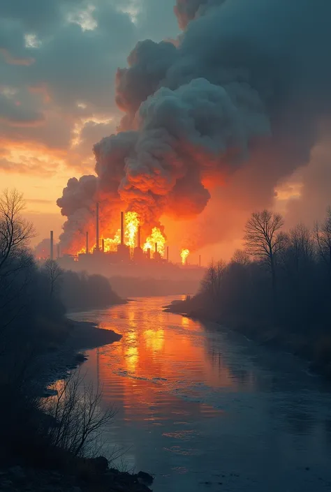  Generate a picture on the theme of natural disasters due to human activity. In the picture there is some content in detail .  In the picture there is a forest burning due to human activity.  There is a river polluted due to the spill of toxic residues fro...