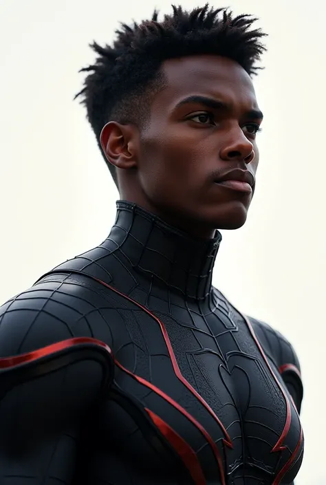 Generate Miles Morales who is in his 20s and with his black suit, We need to see his head 