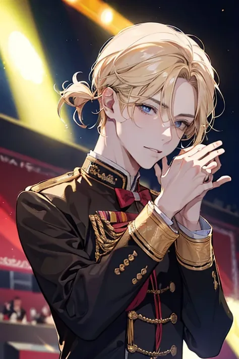 1 man, ((Idol)), ((On stage)),  good-looking, ((30 years old)), adult, warm,  sharp eyes , Blonde hair, Close up shot , Greeting , ( hands with in-ears), ( thick body ),