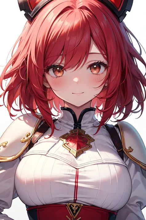 Masterpiece, ((1 girl)), ((Best Quality)), (Ultra-detailed), Highly detailed, (Portrait), ((Big breasts)), ((Straight Medium Hair, Red hair, Brown eyes)), ((17-years-old, Young girl)), ((White Skin)), (Red Knight Armor Dress, Medieval), (detailed face), Sm...