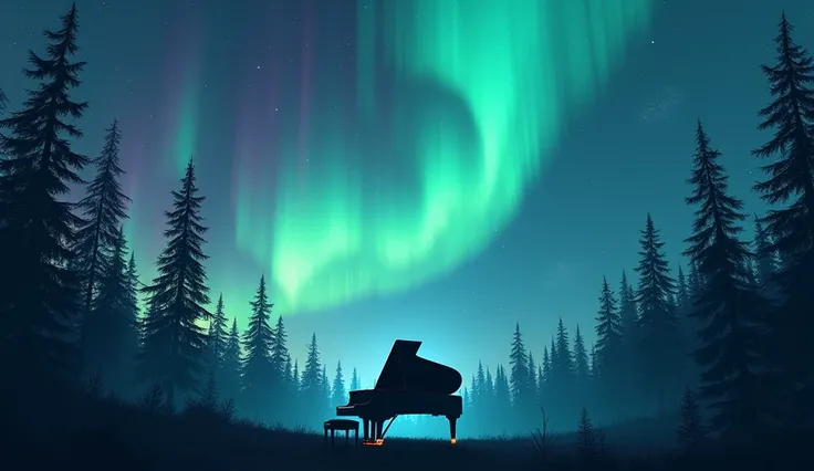 A breathtaking view of the aurora borealis dancing across the night sky in vivid shades of green, purple, and blue. The aurora borealis moves across the sky in dynamic waves, illuminating the dark forest below, where a large black grand piano, illuminated ...