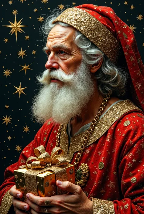 Jesus christ  and s with many stars  and gifts , by santa claus, gold leaf artwork, mixed media collage with glittery beads and sequins, hyper detailed, hyper realistic, black background, hyper detailed, hyper colored