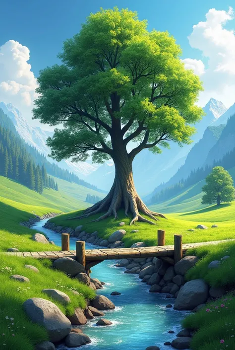  Mountain,Green bright grass fields, a big alpine tree and its roots touching river and log bridge, 
 and alpine forests 