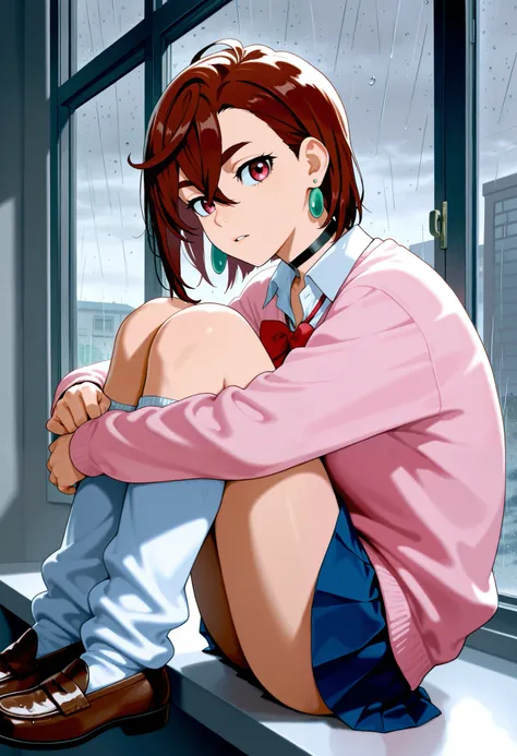 masterpiece, best quality, very aesthetic, ayase momo, dandadan, brown hair, short hair, hair between eyes, thick eyebrows, red eyes, looking at viewer, outfit_1, earrings, black choker, pink sweater, collared shirt, open collar, red bowtie, loose bowtie, ...