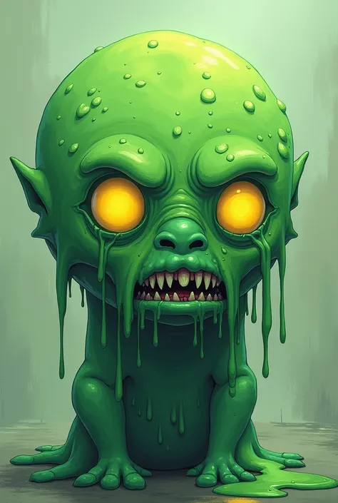  A head is covered with a large portion of green mucus with completely yellow and anxious eyes, folded nose and mouth with pointed teeth .   anime style !!!
