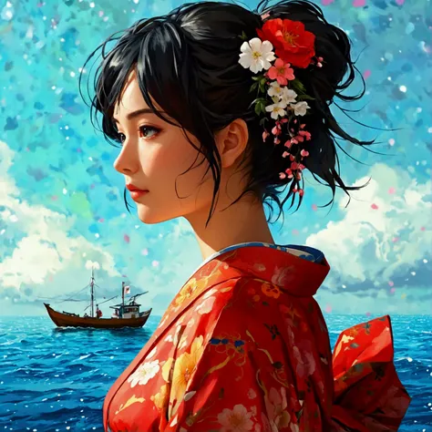 High-definition depiction, anime style, 8k resolution, Unity wide shot, beautiful and clearly painted. A woman in a dingy commoners kimono looks out at a fishing boat far offshore.